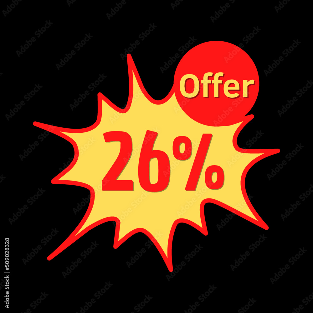 26% off (offer) with red and yellow online discount explosion speech bubble, bubble 26% off (offer) with red and yellow online discount explosion speech bubble, bubble