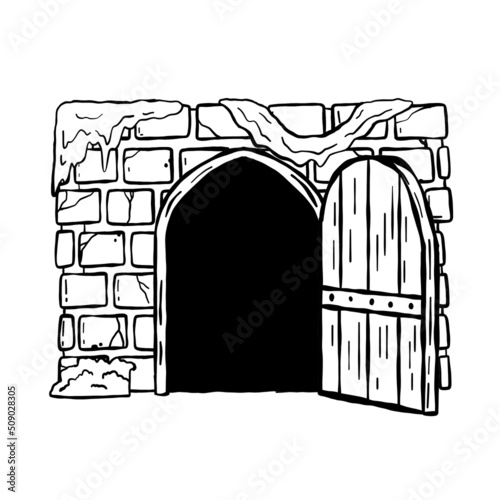 Door of castle. Entrance to fairy tale fortress or stone medieval old wall. Wooden open doorway. Cartoon hand drawn black and white illustration