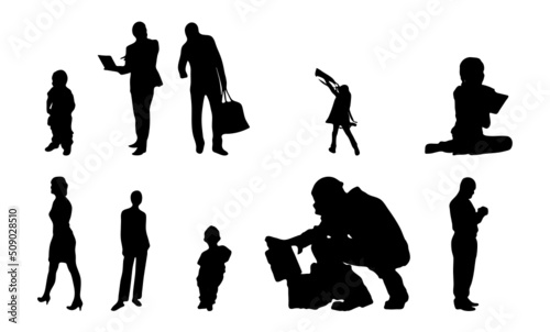 Vector silhouettes, Outline silhouettes of people, Contour drawing, people silhouette, Icon Set Isolated, Silhouette of sitting people, Architectural set	

