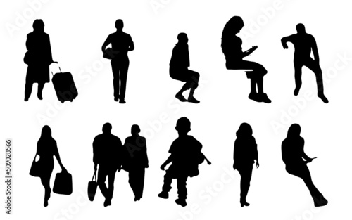 Vector silhouettes, Outline silhouettes of people, Contour drawing, people silhouette, Icon Set Isolated, Silhouette of sitting people, Architectural set	
