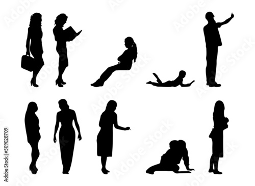 Vector silhouettes, Outline silhouettes of people, Contour drawing, people silhouette, Icon Set Isolated, Silhouette of sitting people, Architectural set	
