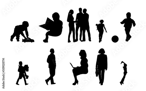 Vector silhouettes, Outline silhouettes of people, Contour drawing, people silhouette, Icon Set Isolated, Silhouette of sitting people, Architectural set	
