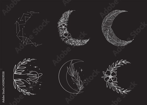 Set of linear  simple graphic illustrations of the Moon Vector drawings of stars for clothes, etc.