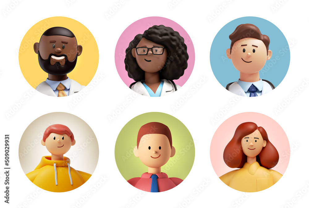 3d render, people avatar collection. Set of round stickers with cartoon character faces, user id thumbnail, modern icons for social account design. Portrait circles isolated on white background - obrazy, fototapety, plakaty 