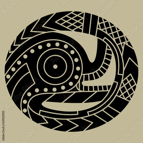 Ethnic Native American design. Fantastic dragon in oval shape. Mississippian culture. Monochrome silhouette.