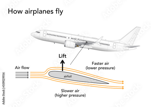 Infographic explaining how airplanes generate lift and fly photo