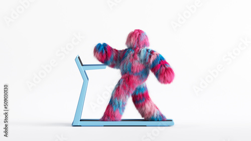 3d render, hairy beast Yeti walks on treadmill, furry monster cartoon character training. Colorful plush toy in active pose, isolated on white background © NeoLeo