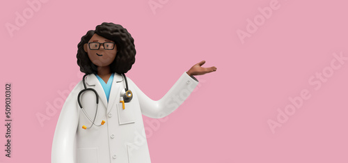 Fototapeta Naklejka Na Ścianę i Meble -  3d render. African woman doctor in glasses, hand gesture, healthcare professional. Black female cartoon character isolated on pink background. Medical presentation