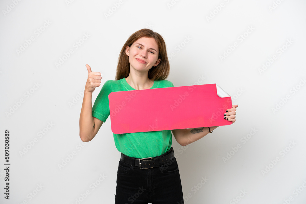 Young English woman isolated on white background holding an empty placard with thumb up Young English woman isolated on white background holding an empty placard with thumb up