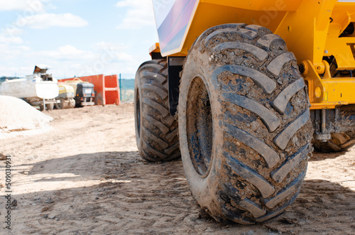 Close up of dumper truck tyres