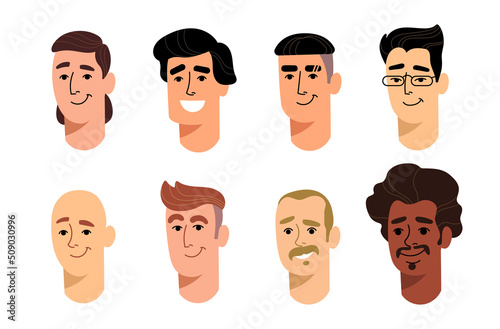 Set of colored male avatars in cartoon style for print and website design.Vector illustration.