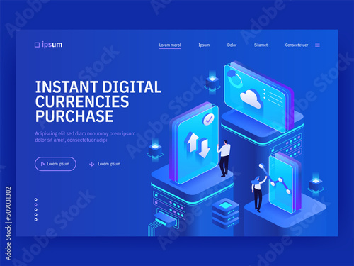 Instant digital currencies purchase isometric vector image on blue background. Cryptocurrency stock market. Online financial operations. Web banner with space for text. Composition with 3d components