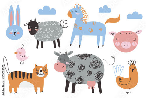 Cute farm animals collection, colored vector illustrations of cow, pig, sheep with textured effect. Colored doodle drawing isolated on white background. Domestic animals with face expressions EPS