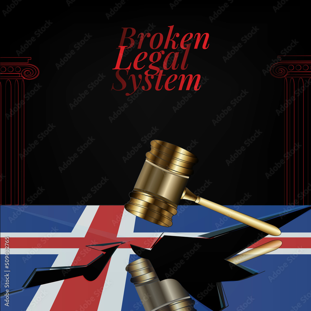Iceland's broken legal system concept art.Flag of Iceland and a gavel