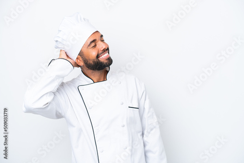 Young Brazilian chef man isolated on white background has realized something and intending the solution