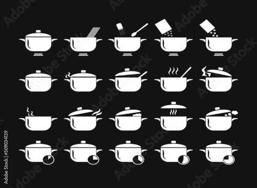 Cooking saucepans in the kitchen simple white icons set. 20 vector symbols on a black background. Steam pots, gas, timer, cooking process.