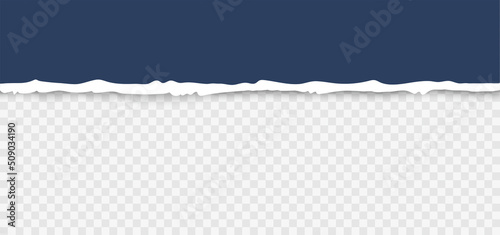 Scrap of torn dark blue paper with ripped edges. Damaged cardboard border realistic vector illustration