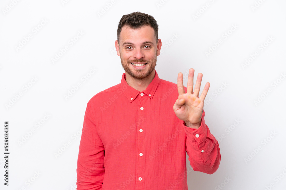 Young Brazilian man isolated on white background happy and counting four with fingers Young Brazilian man isolated on white background happy and counting four with fingers