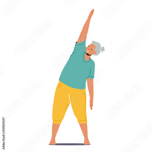Elderly Female Character Practice Yoga or Fitness. Old Woman in Sports Wear Stand in Asana Pose. Aerobics, Healthy Life