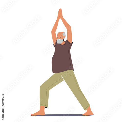 Elderly Male Character Yoga Exercises. Senior Man Stretching Body, Fitness and Healthy Lifestyle, Grandfather Gymnastics