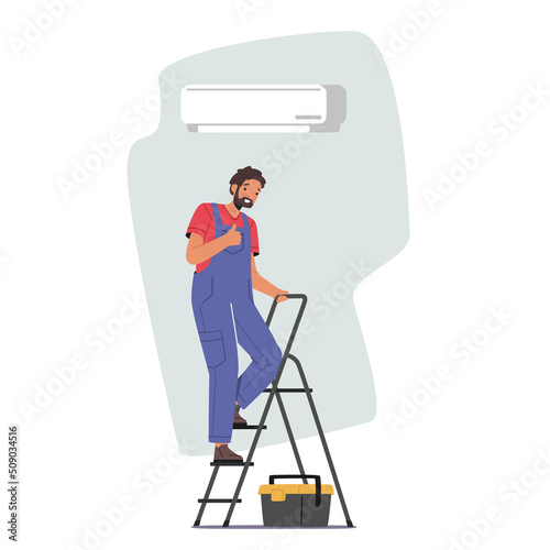 Young Specialist Male Character in Uniform Show Thumb Up after Successful Conditioner Installation at Home or Office