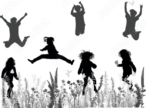 child silhouettes collection in grey grass isolated on white