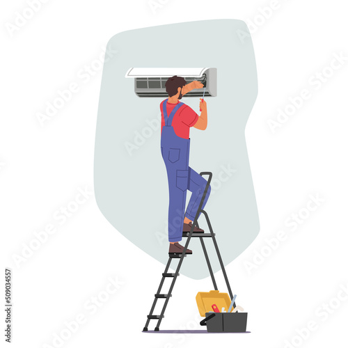Electrician Master Repair Broken Conditioner. Handyman Service, Male Character Fixing Home or Office Cooling System