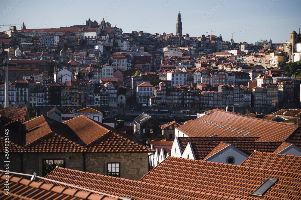 View of the Porto's Ribeiro from the rooftops in Vila Nova de Gaia, Portugal.
