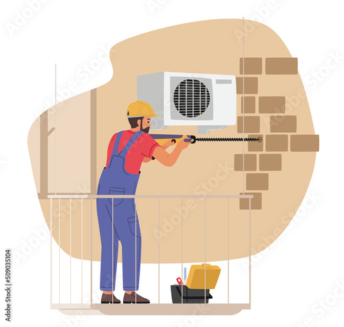 Air Conditioner Installation Service Concept. Professional Technician Crew Character Working, Install Outdoor System