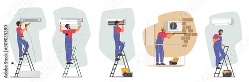 Set Air Conditioner Systems Repair and Installation. Repairman Installing, Examining and Repairing Cooling Equipment