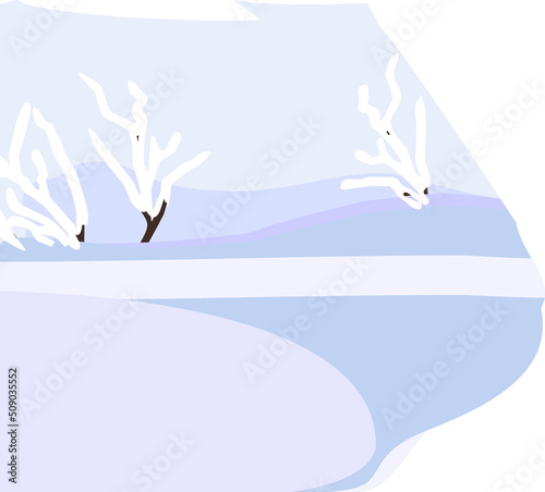 Abstract winter landscape with snowy field and trees covered with frost in abstract manner