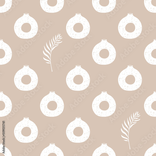 Minimalist vases and palm leaves seamless pattern