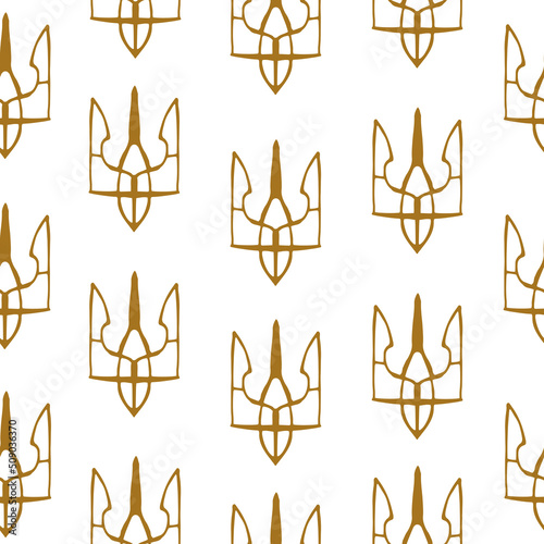 Seamless Ukrainian pattern with cute doodle outline gold trident. Vector illustration.