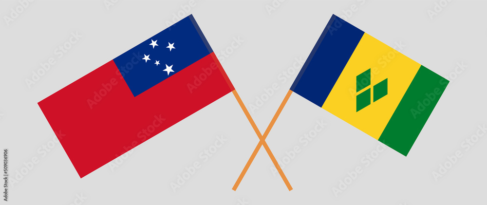 Crossed flags of Samoa and Saint Vincent and the Grenadines. Official colors. Correct proportion