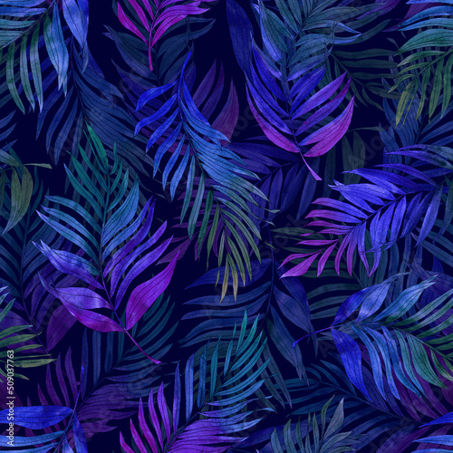 Fototapeta Naklejka Na Ścianę i Meble -  Tropical watercolor pattern with palm leaves on a black background. Trendy print for summer. Tropics at night, at dusk. The leaves of the coconut palm are painted in dark purple, blue, green colors