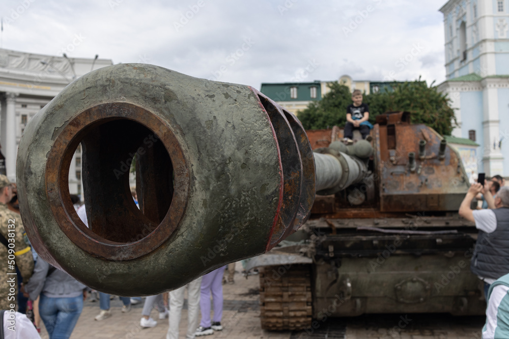 KYIV, UKRAINE - Jun. 06, 2022: Destroyed and burned tanks and other military equipment of the Russian in the Kyiv.
