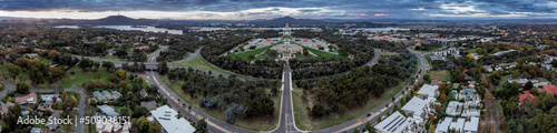 Aerial panoramic shot of Canberra in the ACT Australia, with Parlaiment house in the centre of the frame