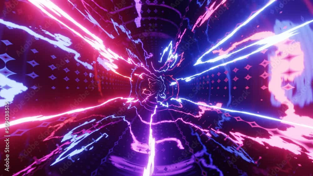 Hi-tech neon sci-fi tunel. Trendy neon glow lines form pattern and construction in mirror tunnel. Sci-fi pattern with glow frames. Fly through technology cyberspace. 3d looped seamless 4k bg.