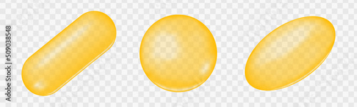 Golden capsules and pills of fish oil, collagen, jojoba, keratin, vitamin A or E, omega fatty acid food supplement isolated on transparent background. Vector realistic illustration