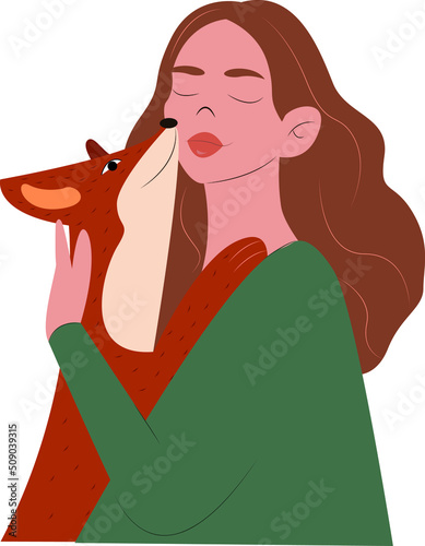 girl with a fox with a fox on a white background. Colored flat vector illustration.Girl holding her dog backside view cute flat illustration scene