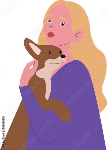 happy pet owner with dog on white background. man cuddling with four-legged animal friends. Colored flat vector illustration.Girl holding her dog backside view cute flat illustration scene