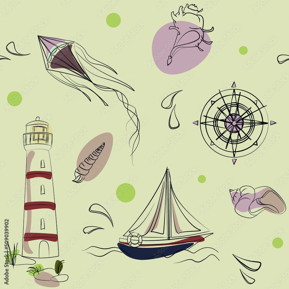 Seamless seaside and summer elements vector pattern