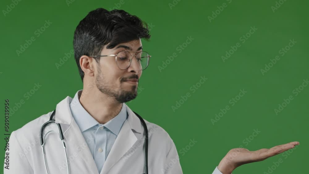 Arab indian guy young male doctor practitioner man hold copy space on palm pointing at workspace mockup promo place for advertisement image offer imaginary object stand isolated over green background Arab indian guy young male doctor practitioner man hold copy space on palm pointing at workspace mockup promo place for advertisement image offer imaginary object stand isolated over green background