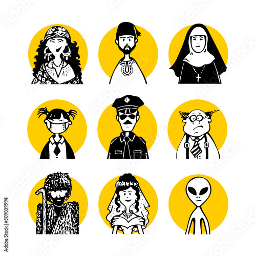 Collection of 12 comic faces and characters of people in the style of doodles for avatars in the yellow circle