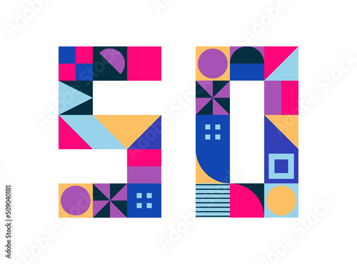 Number 50 from multicolored geometric shapes, cubes isolated on white. Neo geo