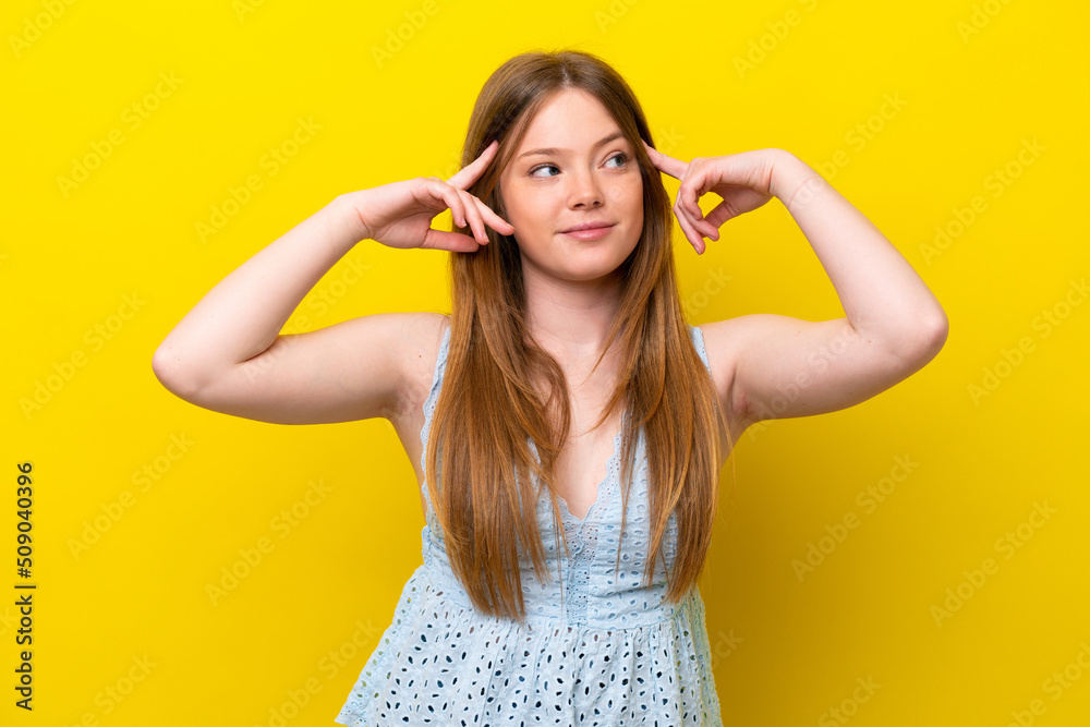 Young caucasian woman isolated on yellow background having doubts and thinking Young caucasian woman isolated on yellow background having doubts and thinking