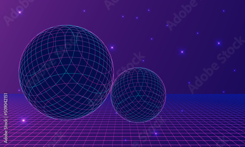Virtual space with spheres and stars background. Vector wire landscape with neon colours. Vector illustration of metaverse dimension.Art