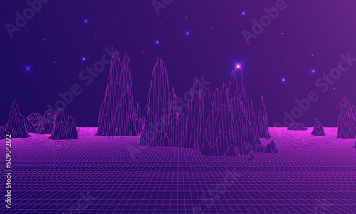 Technology background with 3D mountains landscape and stars. Digital world, virtual reality, cyberspace, metaverse concept. Vectorial illustration