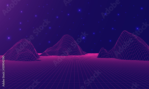 Vector illustrations of digital metaverse landscape with mountains, blue sky and stars in the background.
