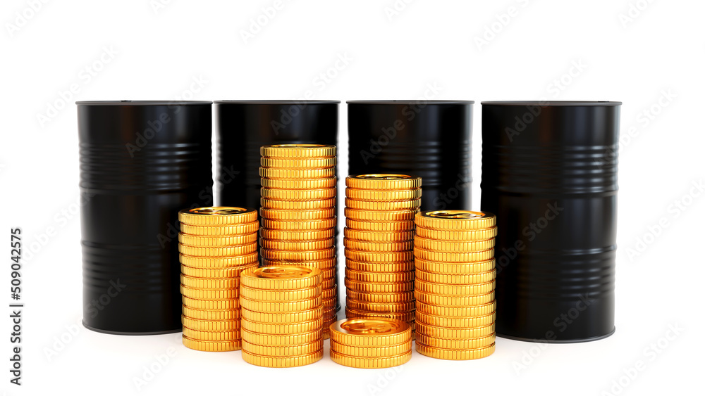 Oil barrels and dollar coin money, oil market business, petroleum oil industry, 3D rendering. Oil barrels and dollar coin money, oil market business, petroleum oil industry, 3D rendering.